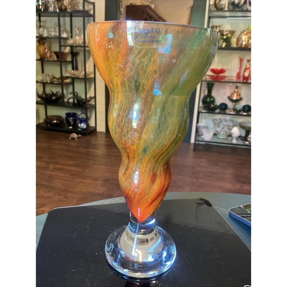 Vintage Sasaki Crystal 10.25" Art Glass Mottled Lava Cone Vase Green Orange